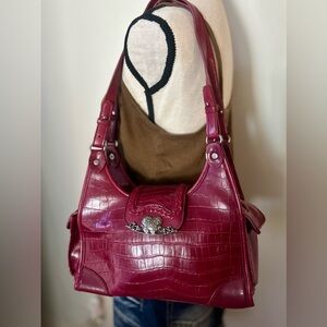 Burgundy Red Maroon Crocodile-Embossed Red Handbag Silver Hardware Vintage y2K
